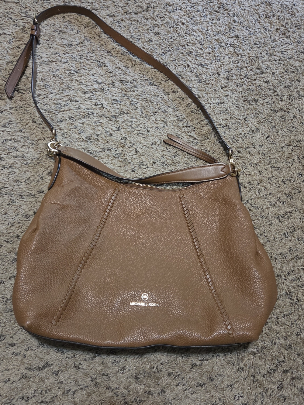 Michael Kors Brown Pebbled Leather Hobo with Braided Trim